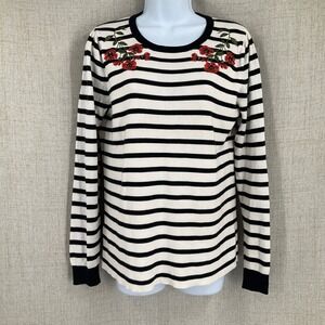 LOFT Sweater Women Medium Ivory Black Cotton Striped Floral‎ Embroidered Classic